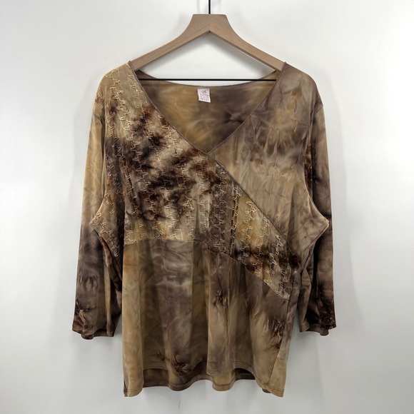 Bobbie Brooks Tops - Bobbie Brooks Womens 3X Boho Top Brown Embroidered Earthy Artsy Stretchy Y2K